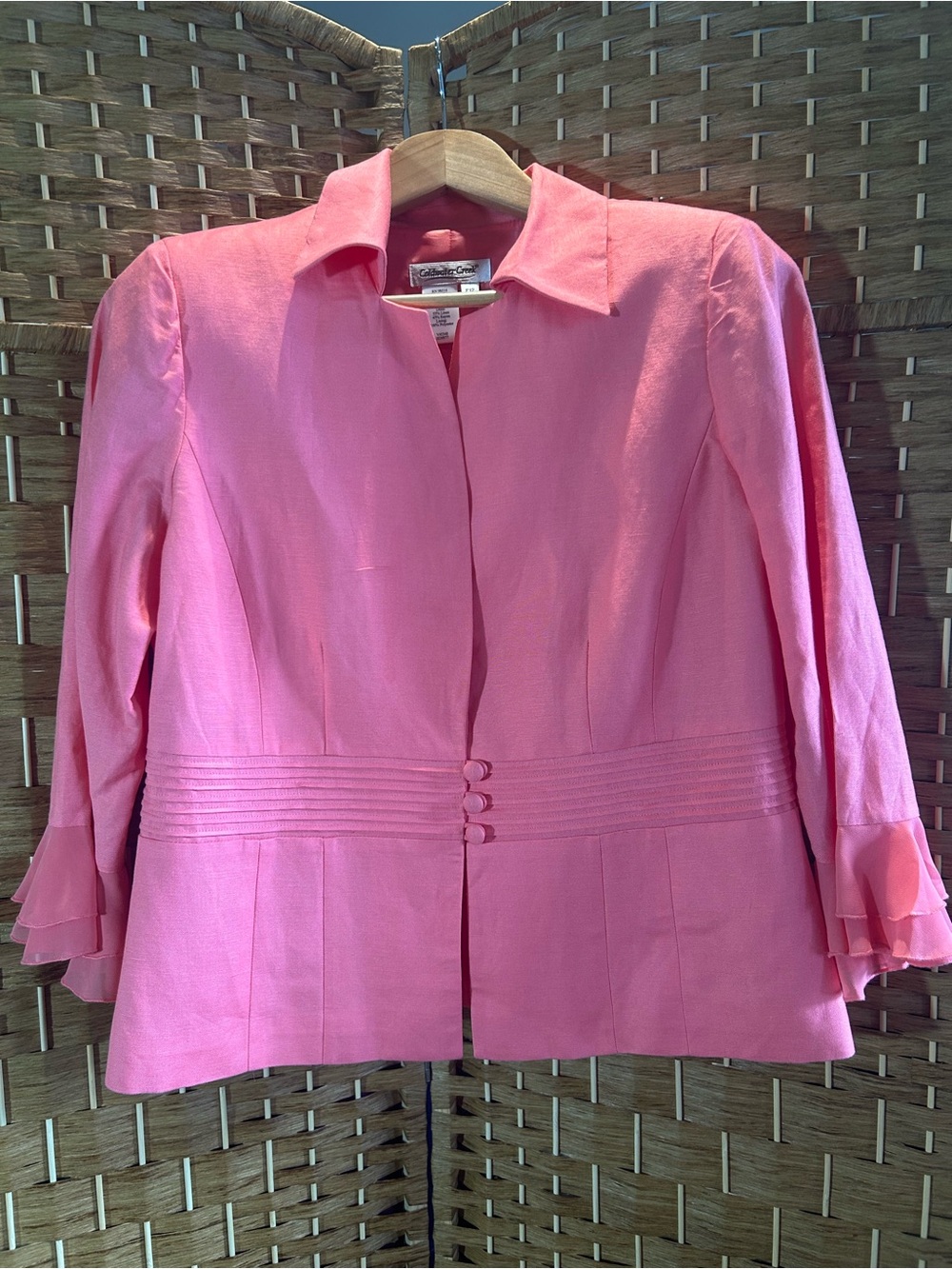 Coldwater Creek Pink/coral Linen Blend Ruffle Sleeve Blazer Jacket Petite 12
